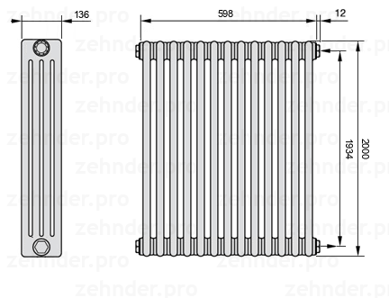 Схема (чертеж) Радиатор Zehnder Charleston 4200/13 №7610 Белый глянцевый RAL 9016
